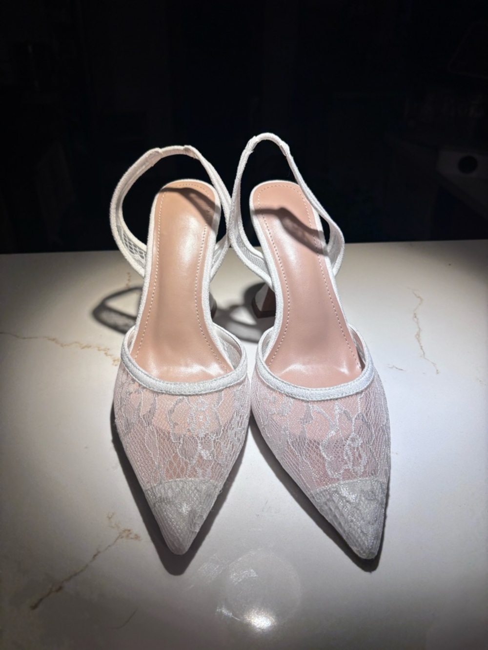 Elegant White Lace Pointed Slingback Heels